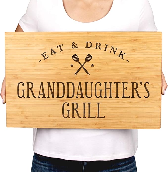 Andaz Press Large Bamboo Wood BBQ Cutting Board Gift, 17.75 x 11-inch, Granddaughter's Grill, 1-Pack, Laser Engraved Serving Chopping Board Christmas Birthday Chef Kitchen Ideas