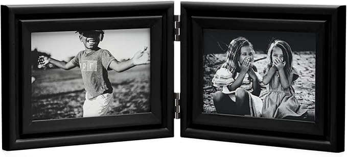 Horizontal 4X6 Picture Frames Double Hinged Wood Folding Photo Frames with Real Glass Front Fit for Desktop or Tabletop, Black XHEI-H64X2