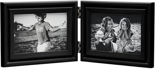 Horizontal 4X6 Picture Frames Double Hinged Wood Folding Photo Frames with Real Glass Front Fit for Desktop or Tabletop, Black XHEI-H64X2