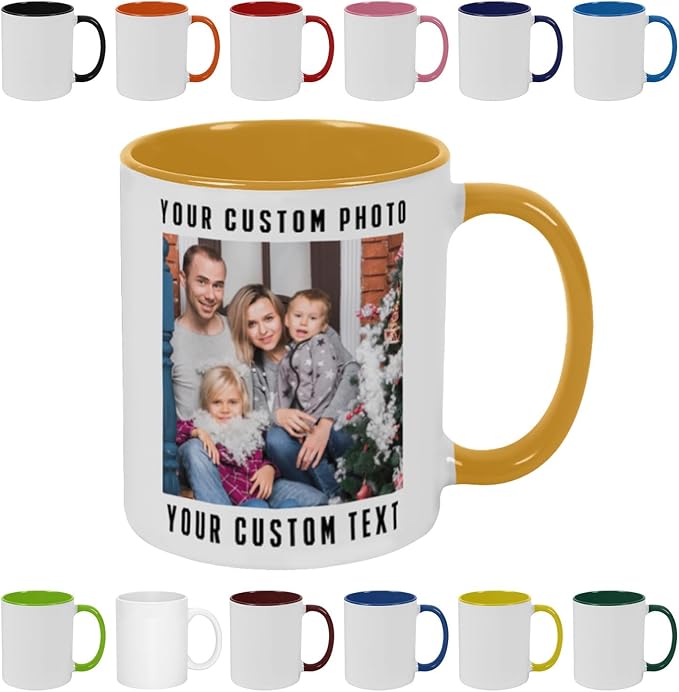 Personalized Coffee Mug with Photo, Logo or Text - Customized Gift Idea for Men & Women, Mom, Dad, Friends - Christmas Birthday Valentines Gifts, Party Favors Tea Cup - White/Yellow