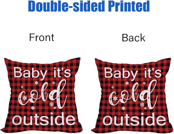 Fukeen Winter Outdoor Merry Christmas Throw Pillow Covers 24x24 Inch Waterproof Red and Black Buffalo Plaids Baby It’s Cold Outside New Year Holiday Cushion Cases Snowflake Decor Double Sided