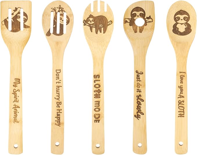 5PCS Sloth Wooden Cooking Spoons Set Bamboo Cooking Spoons | Sloth Kitchen Decor Housewarming Wedding Kitchen Gift Sloths Themed Gifts for Women Animal Lovers