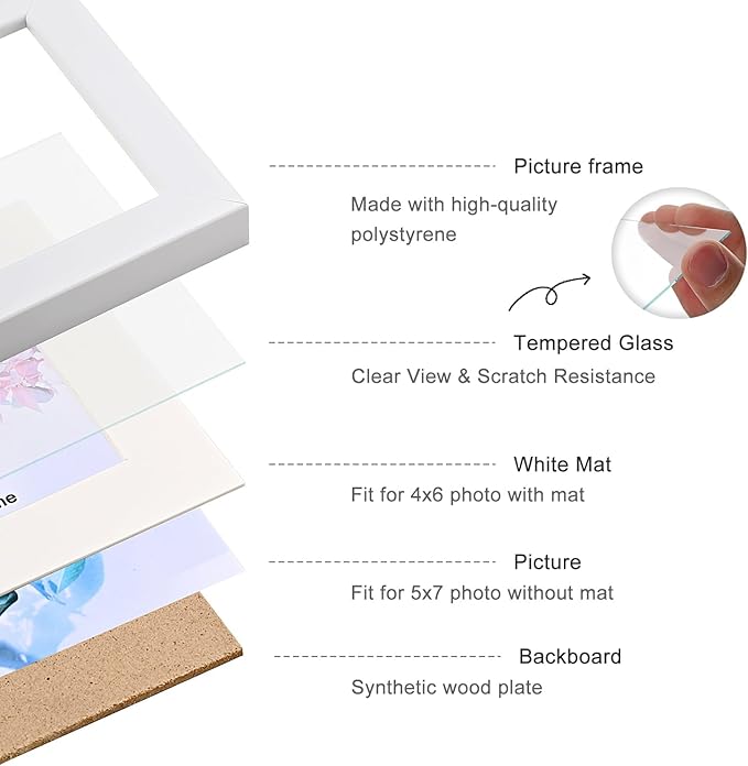 Double Hinged 5x7 Picture Frame with Tempered Glass-Tabletop or Wall Mounted, Display for 4x6 & 5x7 Photos (with/without Mat)-Matte White, For Family Photos & Wedding Memories-B75X2