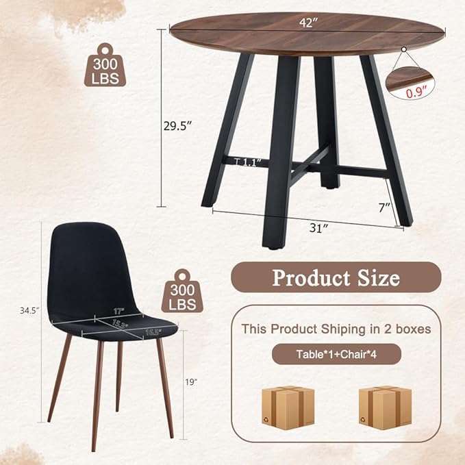 Round Dining Table Set for 4, Round Kitchen Dining Table and Chairs Set for 4,42" Modern Dining Room Table Set for 4 with Upholstered Chairs for Small Space Kitchen Office Cafe Apartment