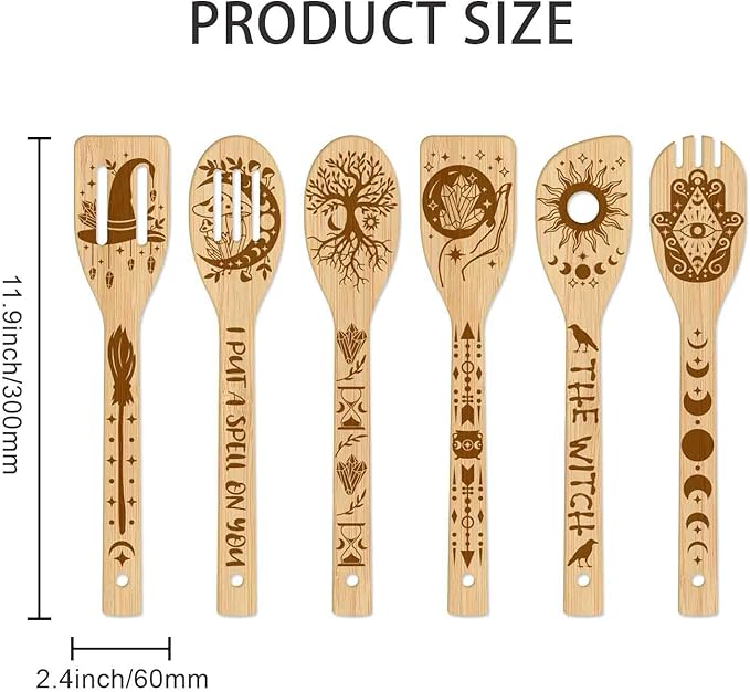 GLOBLELAND 6Pcs Magic Divination Bamboo Cooking Utensils Wooden Engraved Cooking Spoons Set Carving Kitchen Bamboo Spatula Set for Women and Men Wood Cooking Spoon for Kitchen Fun House Warming Gift
