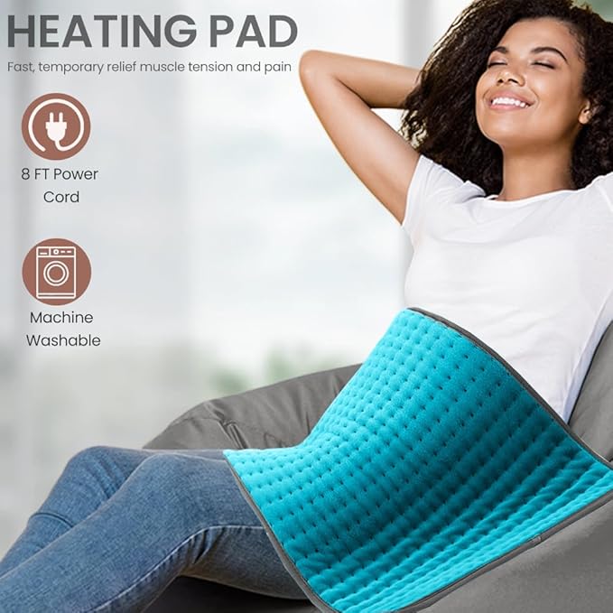Heating Pad, Electric Heating Pads for Back/Neck/Knee/Shoulder Muscle Pain, 9 Heat Settings, Dry/Moist Heat & Auto Shut Off, Gifts for Men and Women, Light Blue,24x12 Inch