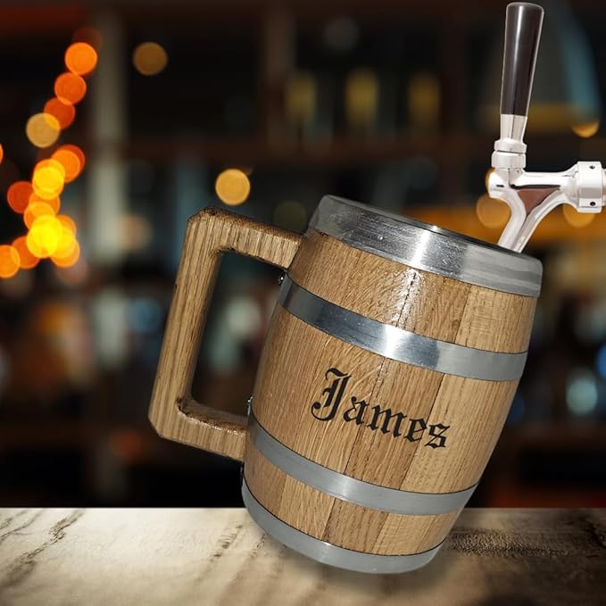 Personalized Oak Wood Barrel Beer Mug Tankard with Stainless Steel Interior - Classic Design - A Gift for Beer Lovers, Man Caves, Birthdays, and Special Occasions