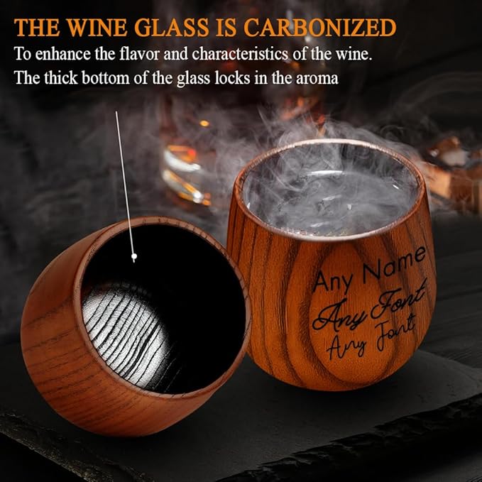 Personalized Wooden Whiskey Glass – Custom Bourbon Tumbler Old Fashioned Cups – Charred Bourbon Cup for Men, Dad, Husband, Brother, Boss – Groomsmen, Birthday, Retirement Gift (Custom Text)