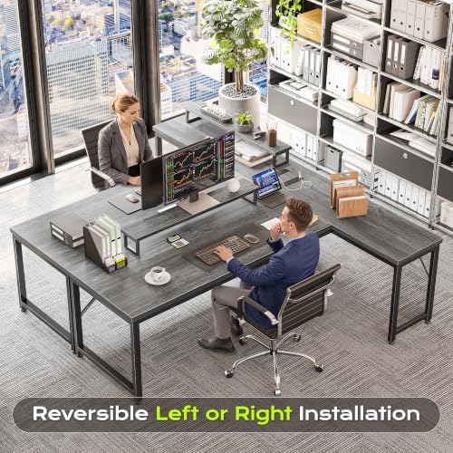 PRAISUN 61" L Shaped Computer Desk, Power Outlets, Monitor Stand, Grey