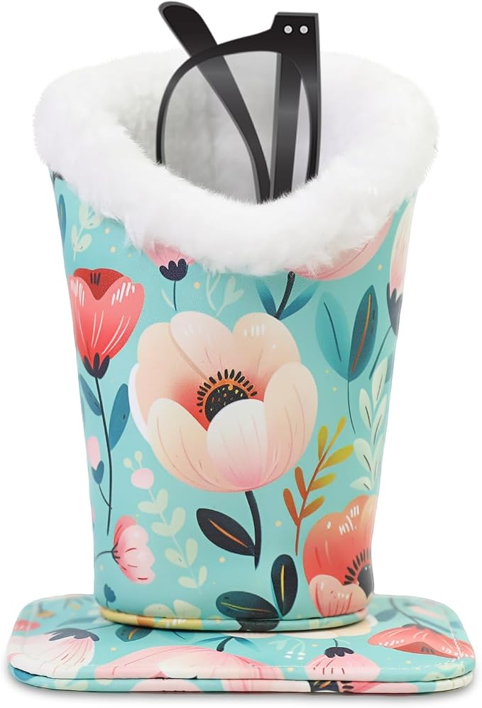 Plush Lined Eyeglasses Holder, Cute Magnetic PU Leather Glasses Stand Case for Women Men Kids