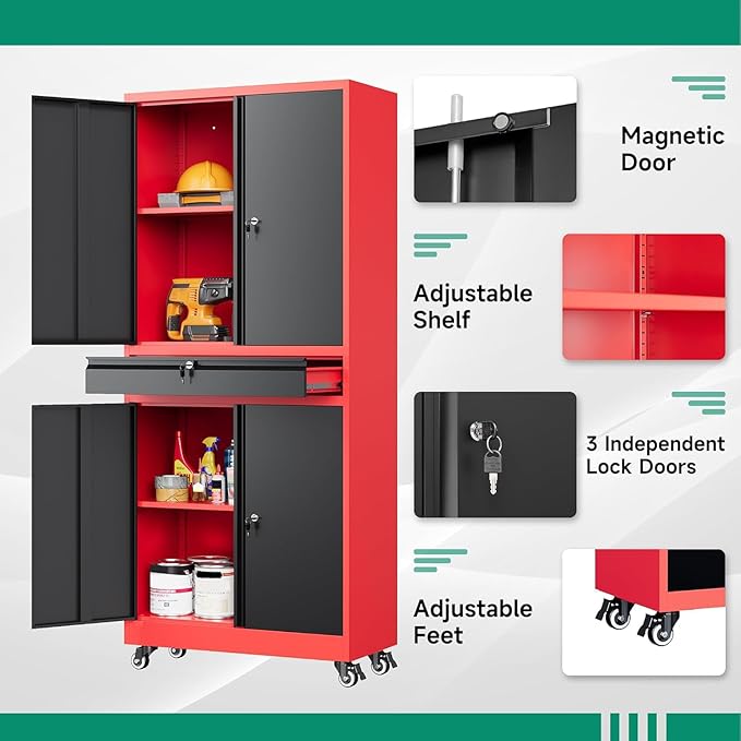 Letaya Metal Garage Storage Cabinet with Wheels,Rolling Tool Cabinet with Adjustable Shelves and Drawer for Garage Home Utility Room (Red)
