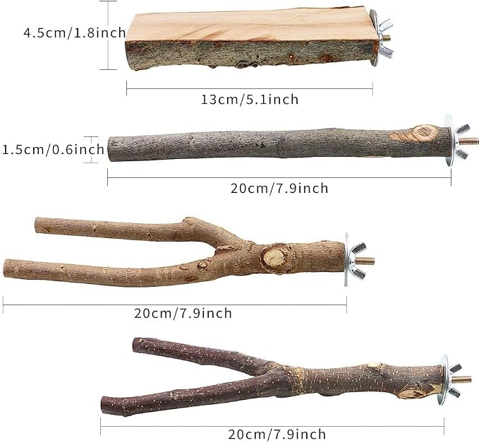4 Pack Natural Wood Bird Perch Set for Parakeet Cage | Textured branches & platform tailored to small/medium birds; untreated timber aiding safe beak care; tool-free mount