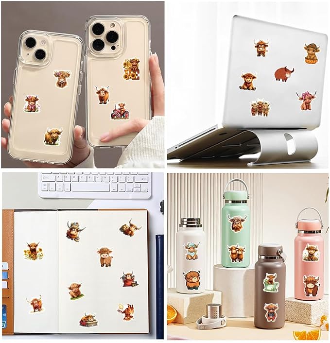 50Pcs Yak Stickers, Cute Cattle Stickers for Kids Teens, Vinyl Cartoon Highland Cow Sticker for Water Bottle Laptop Scrapbook Decor Incentive School Classroom Rewards Gift Party Favor Supplies