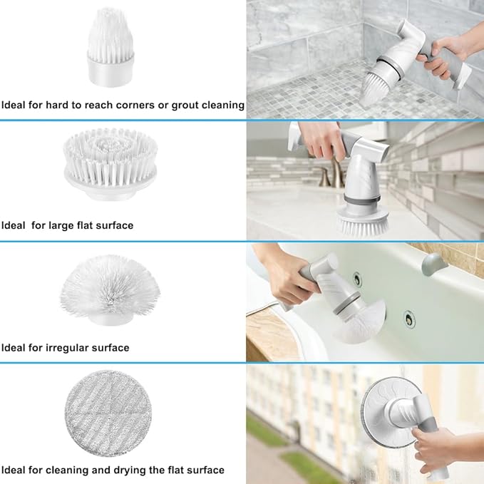 Electric Spin Scrubber, IEZFIX Electric Cleaning Brush Bathroom Shower Scrubbing Cleaner Brush Power Scrubber Cordless with 4 Replaceable Brush Heads for Bathtub, Tile, Floor, Toilet, Kitchen - Blue