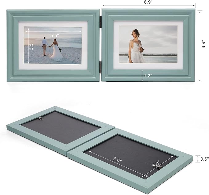 Horizontal 5X7 Picture Frames Double Hinged Wood Folding Photo Frames with Real Glass Front Fit for Desktop or Tabletop Display Pictures 4x6 with Mat or 5x7 Without Mat, Teal Blue XLAN-H75X2