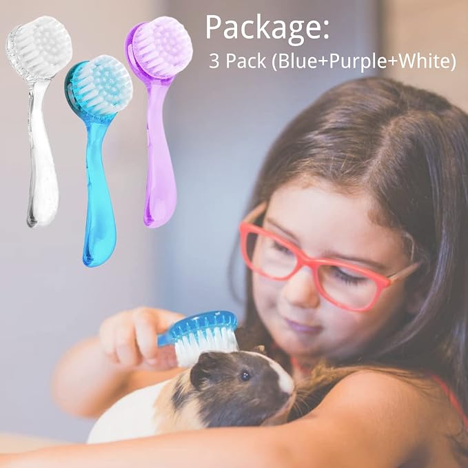 3 Pack Small Animal Grooming Brush - Hair Brush with Lid Soft Cleansing Bristles for Hamster Guinea Pig Rabbit Chinchilla Ferret Massage Combs Cleaning Supplies (3 Pack, White+Purple+Blue)
