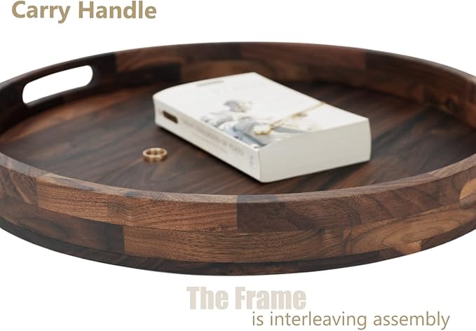 Set of 2 Large Black Walnut Wood Ottoman Tray with Handles, Serve Tea, Coffee, Classic Wooden Decorative Serving Tray (19 inch Square &18 inch Round)