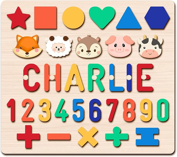 Name Puzzle for Kids Personalized, First Birthday for Baby Boy Girl, Wooden Number Puzzles for Toddlers 1-3, Educational Toys for 1 Year Old
