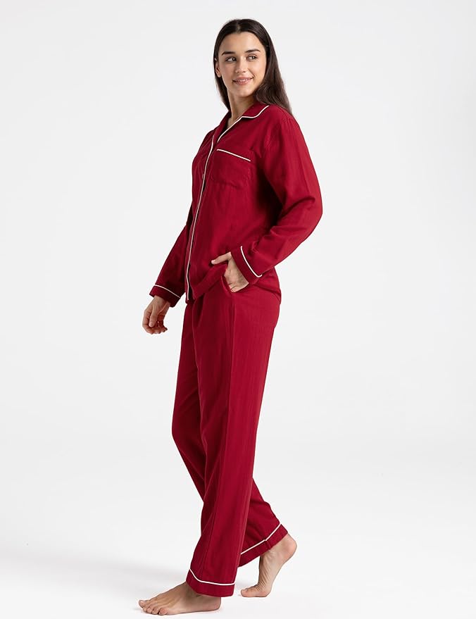 Womens Pajama Sets 100% Double Gauze Cotton Linen Like Muslin Pajamas Long Sleeve Button Down Sleepwear Soft Pjs Lounge Set