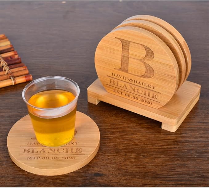 Personalized Coasters, Custom Engraved Coasters, Bamboo Coasters for Drinks, Monogram Coasters with Holder, Great Gifts for Relatives, Friends or Yourself (B, Set of 4)