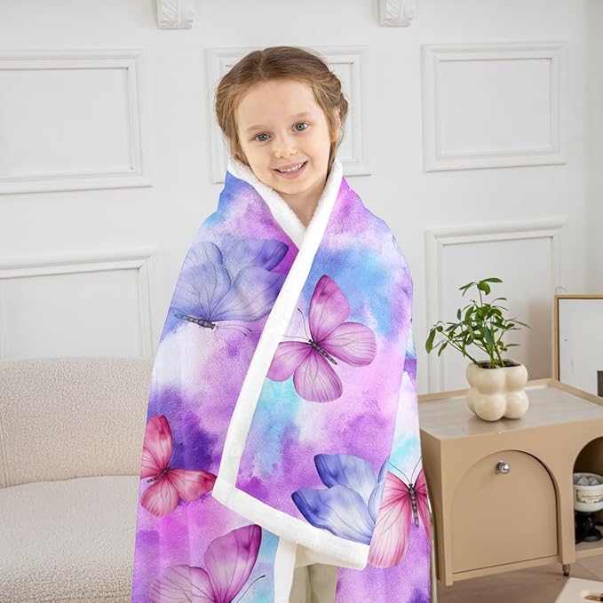 Feelyou Girls Butterfly Fleece Throw Blanket Throw 50"x60" Kids Tie Dye Watercolor Sherpa Blanket Plush Fuzzy for Bed Couch Chair Living Room, Dreamy Girly Bed Blanket Colorful Room Decor