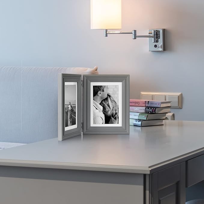 5x7 Double Horizontal Hinged Wood Picture Frame Folding Photo Frame with Real Glass Front in Gray for Tabletop, Display 4x6 with Mat or 5x7 without Mat X2-HUI-2H57