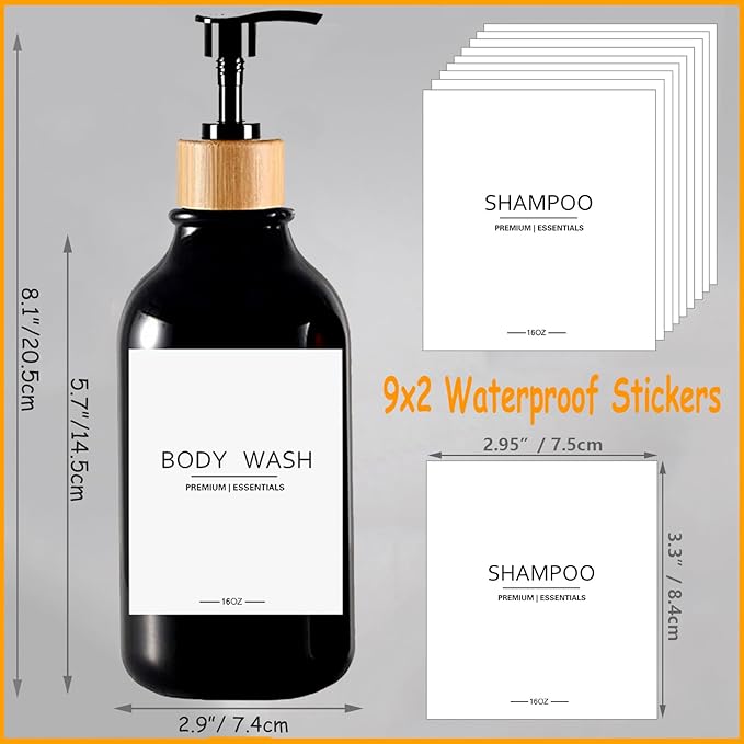 Shower Shampoo and Conditioner Bottles, Apothecary Dispenser Bamboo Pump, Refillable Bottles for Lotion Oil Hand Soap and Dish Soap, Plastic Set (3 Bottles 9 Labels) (6, Black)