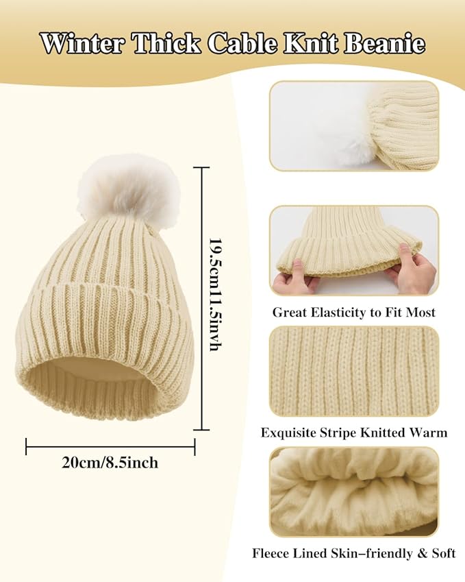 Winter Beanie Hat Scarf Gloves Set for Women, Fleece Knit Pompom Beanie Neck Warmer Long Scarf Touchscreen Gloves 3 in 1 Set