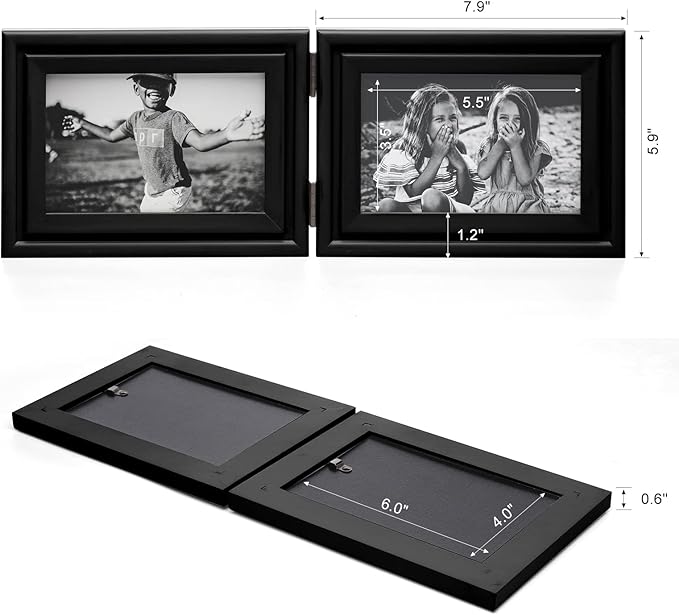 Horizontal 4X6 Picture Frames Double Hinged Wood Folding Photo Frames with Real Glass Front Fit for Desktop or Tabletop, Black XHEI-H64X2