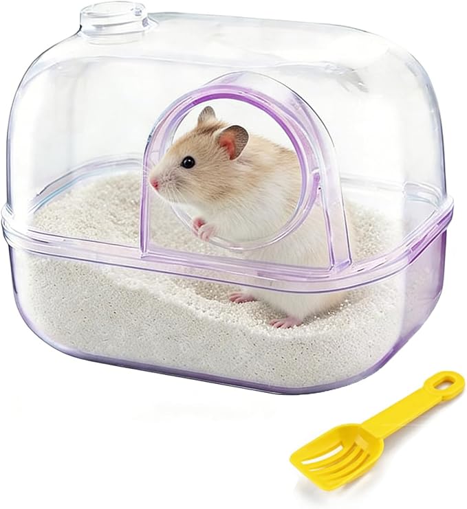 Polaroid-Style Hamster Sand Bath Container, Crystal Clear Acrylic Digging Box for Syrian Hamster & Dwarf Hamsters, 2-in-1 Sandbath Box & Hideout with Scoop (Purple)
