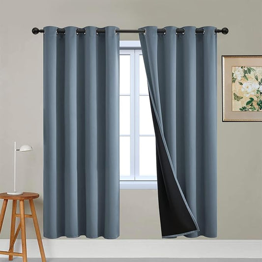 Yakamok Total Blackout Curtains, 2 Thick Layers Completely Blackout Soild Thermal Insulated Drapes with Black Liner for Bedroom(52Wx72L, Stone Blue, 2 Panels)