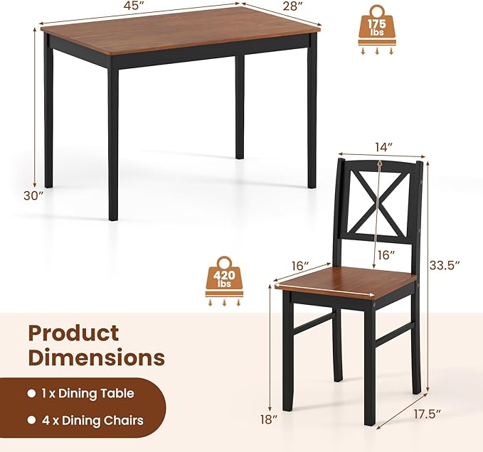 Tangkula 5-Piece Mid-Century Modern Dining Table Set for 4, Wooden Kitchen Table and Chairs, Compact Rubber Wood Dining Room Set for Small Spaces, Kitchen & Living Room