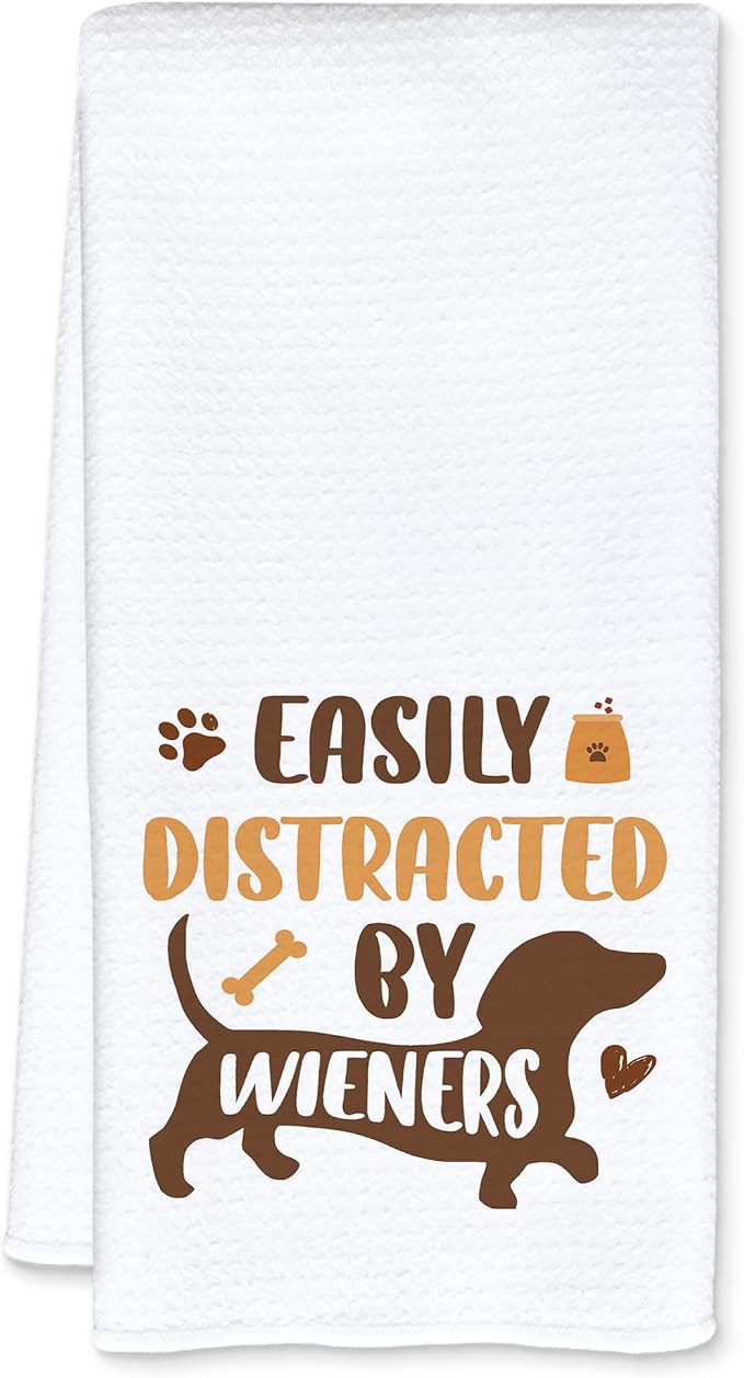 Dachshund Gifts Kitchen Towels, Dachshund Lovers Gifts Dish Tea Towels for Kitchen Decor, Easily Distracted by Wieners Decorative Hand Towel for Bathroom, 16x24 Inch