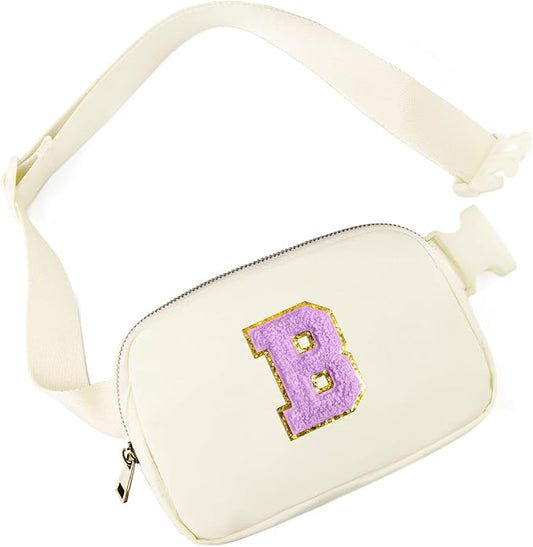 Gitus Gifts for 8 9 10 11 12 Year Old Girls Belt Bag Fanny Pack Crossbody Bags with Initial Letter Patch Cute Stuff Birthday Gifts for Teen Girls Women Personalized Trend Stuff (Ivory-B)