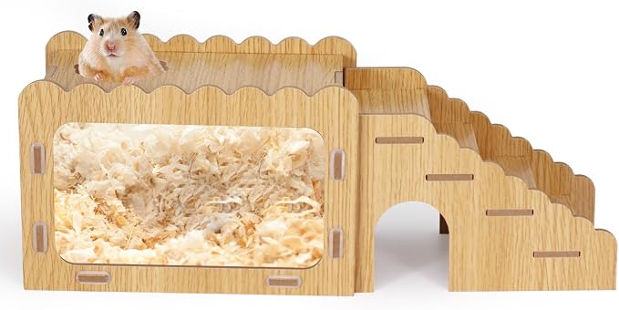 Hamster Digging Box, Small Visible Hamster Digging Room with Acrylic Transparent Board, Hamster Hideout and Exploration House with Climbing Ladder, Hamster Digging Wood Toy for Guinea Syrian Hamsters