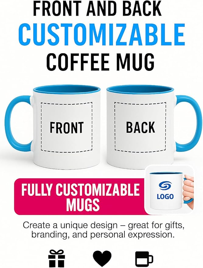 Personalized Coffee Mug | Custom Photo, Text, or Logo Cup (11oz, Light Blue Rim, Inner, and Handle) |Dishwasher & Microwave Safe |Unique Gift for Men & Women –Taza Personalizada