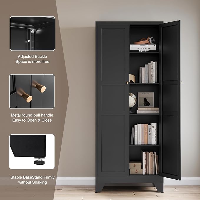 Yizosh Metal Storage Cabinet with 2 Doors and 4 Adjustable Shelves,- 72" Black Kitchen Pantry Storage Cabinet for Kitchen,Living Room,Dining Room