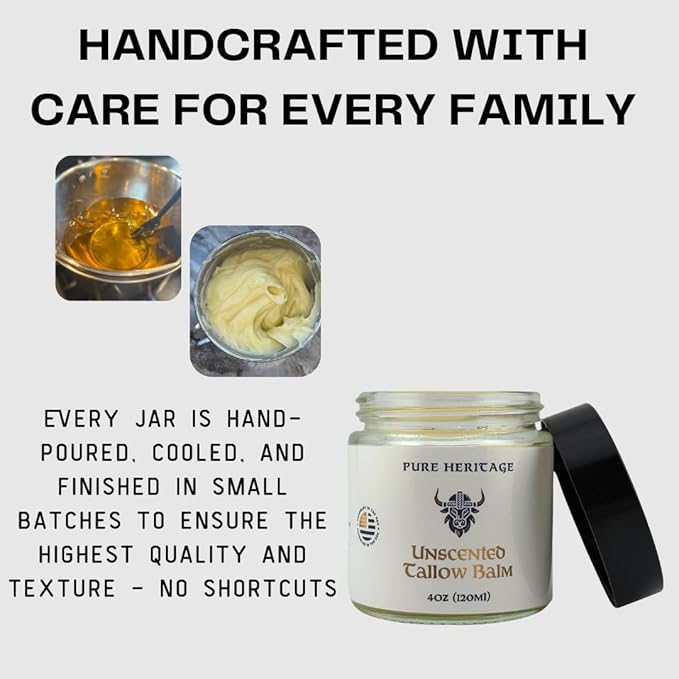 Pure Heritage Handmade Tallow Balm – Unscented Grass-Fed & Finished Moisturizer & Healing Cream | Natural Care for Sensitive Skin, Eczema, Rosacea, Babies, Men & Women (4oz)
