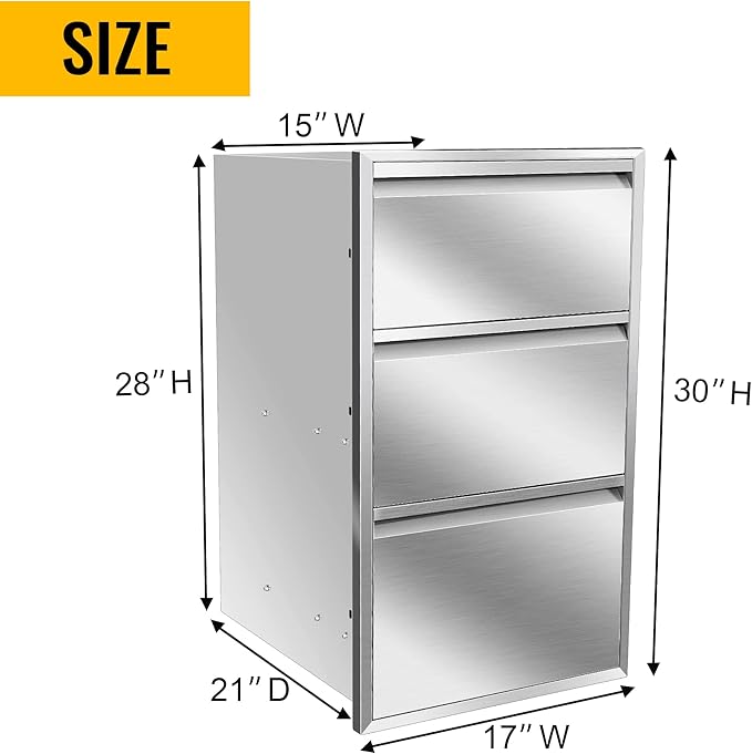 Outdoor Kitchen Drawers Stainless Steel 17W X 30H X 21D Inch, Flush Mount Triple BBQ Island Drawers with Hidden Handle for Outdoor Kitchens, Patio or Grill Station