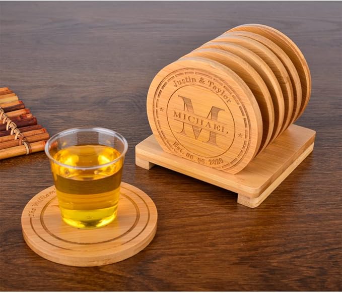Personalized Bamboo Coasters, Custom Engraved Monogram Coasters with Holder, Great Gifts for Relatives, Friends or Yourself (Set of 6)
