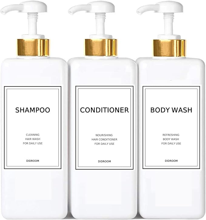 DIDROOM Modern Gold Shampoo and Conditioner Dispenser (21 oz,Pack of 3) Refillable Pump Bottle Set Empty Shower Plastic Bottles with for Bathroom Body Wash Soap Shower,3 Types Labels,Gold&white