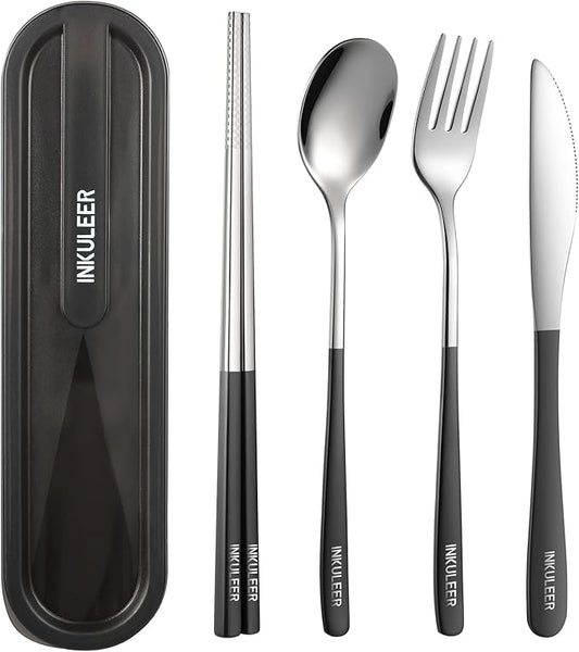 Travel cutlery set, 18/8 stainless steel cutlery, Reusable utensils set with case, Portable Silverware Lunch Box for Camping and Office (Black/knife set)