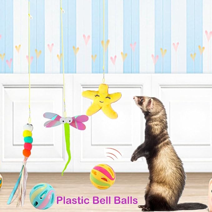 14 pcs Ferret Squeaky Toys Set Rubber Balls Ferret Teeth Grinding Chewing Balls Teething Bouncy Bell Ball Interactive Sound Squeaker Toy Exercise Scratch Chew Toy for Ferrets Pet Cat Dog Small Animals