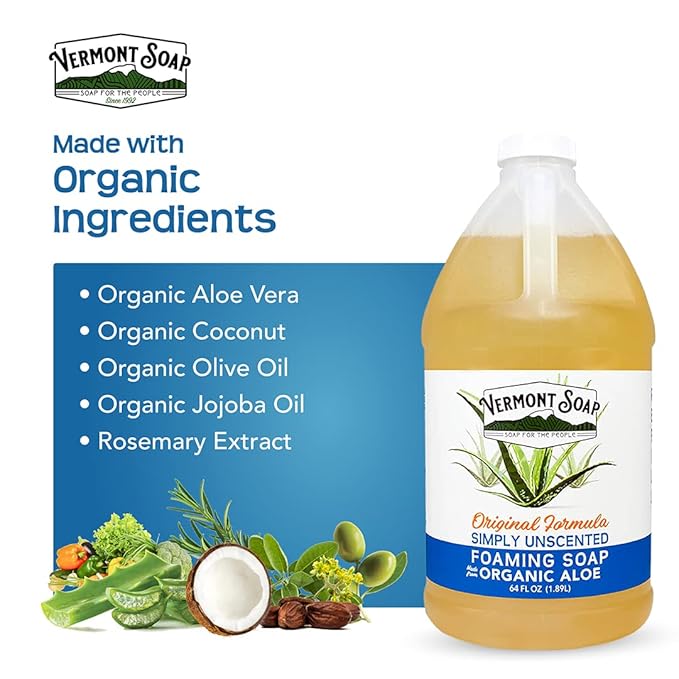 VERMONT SOAP Organic Unscented Foaming Hand Soap - Natural Moisturizing Soap for Dry Skin - Fragrance Free Liquid Bathroom Hand Soap - Simply Unscented - 64 oz