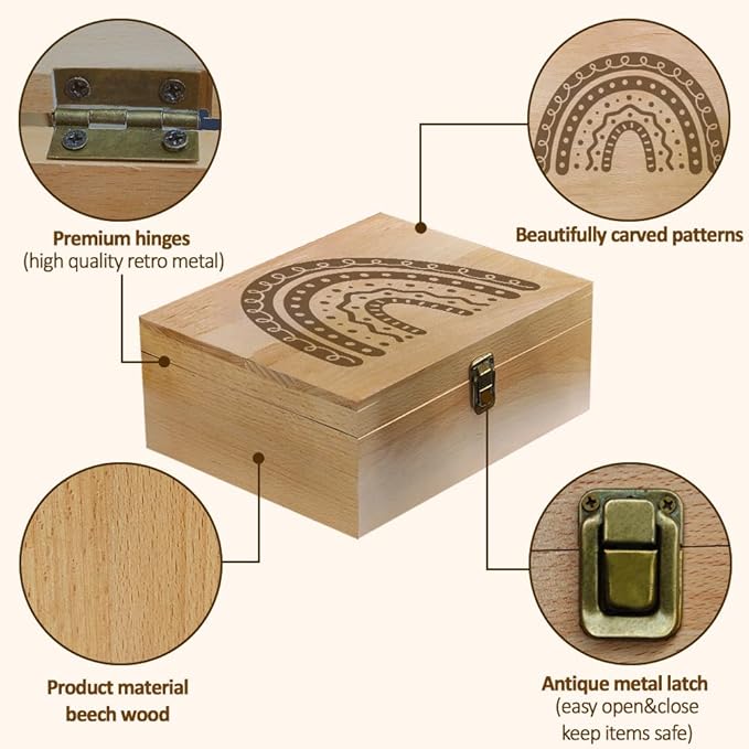 arricraft 1 Pc Wooden Memory Keepsake Box, Boho Rainbow Pattern Box with Hinged Lids Keepsake Chest for Souvenirs Picture Letter Storage 9.6x7.6x4inch(24.5x19.5x10.3cm)