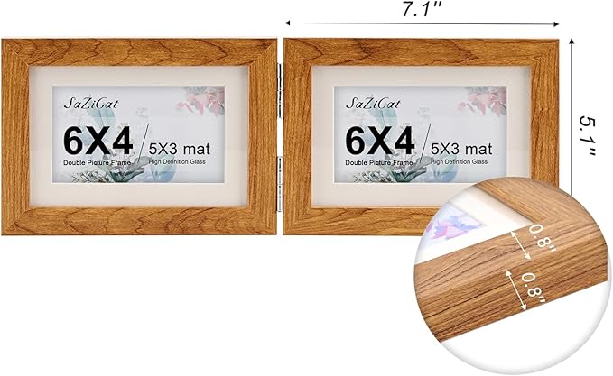 Double Hinged 4X6 Picture Frame with Real Glass-Tabletop or Wall Mounted, Display for 3X5 & 4X6 Photos (with/without Mat)-Rustic Brown, For Family Photos & Wedding Memories-Z64X2