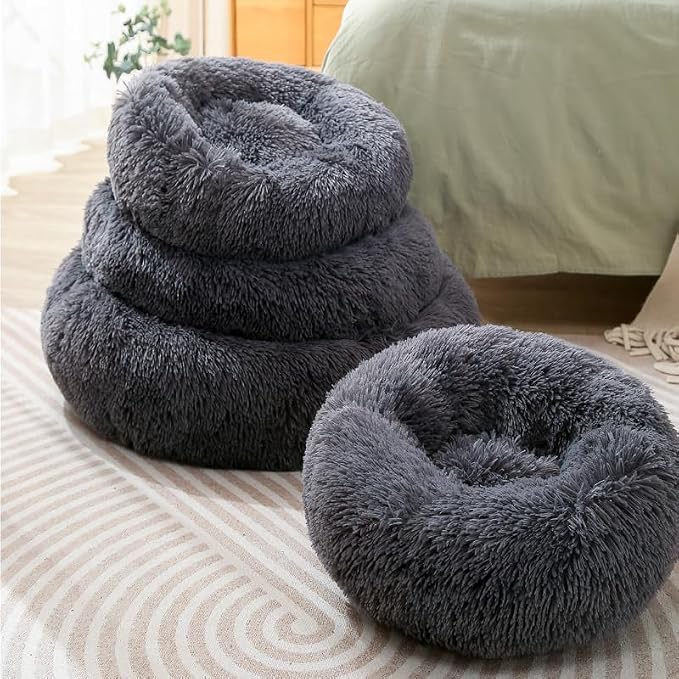 Donut Small Dog Bed, Calming Cat Beds for Indoor Cats, Deep Grey, 13x13x4in | Machine Washable Cat Bed for Kittens & Puppies, Anti-Slip & Water-Resistant Bottom, camas para gatos within 7lbs Pets