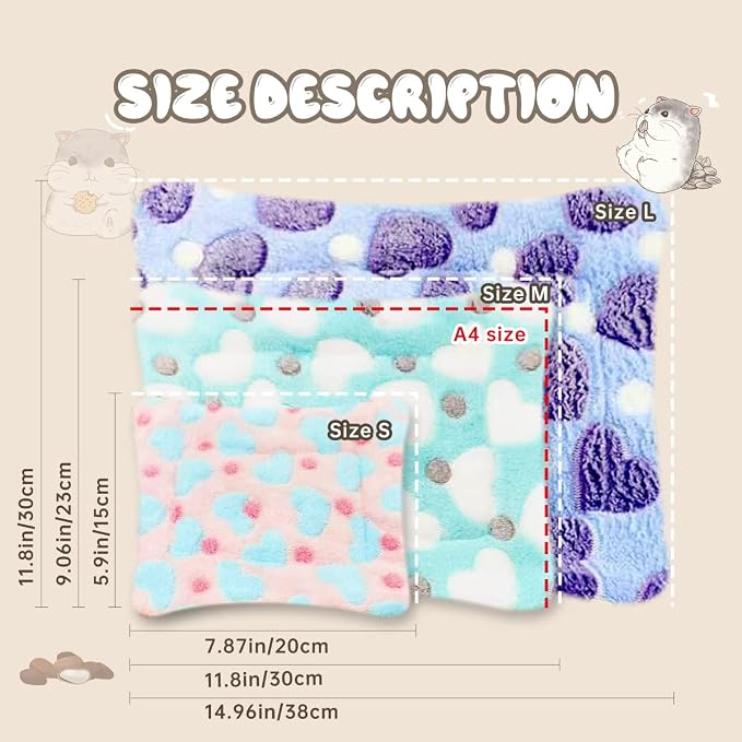 EAEDMY 4 Pieces Guinea Pig Bunny Comfortable Bed Mats Pads, Rabbit Warm Soft Bed, Hamster Bedding Pad Mats for Small Animals Chinchilla Hedgehog Baby Cats (14.9"X11.8", 1.Hearts Pattern)