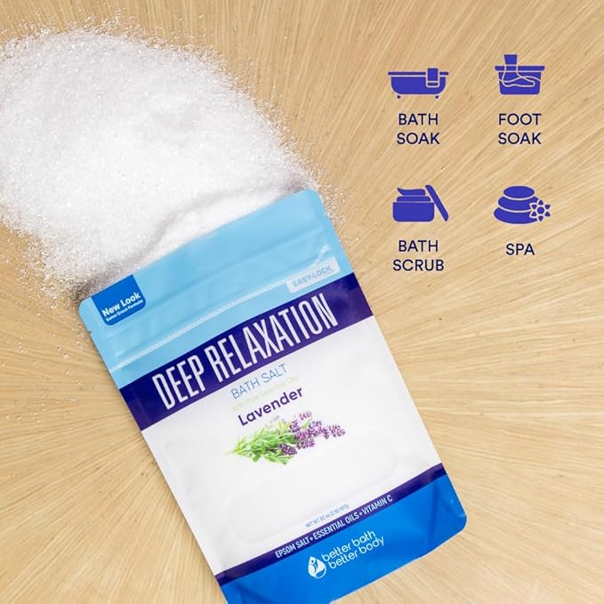 Deep Relaxation Bath Salt 32 Ounces Epsom Salt with Natural Lavender Essential Oil Plus Vitamin C in BPA Free Pouch with Easy Press-Lock Seal