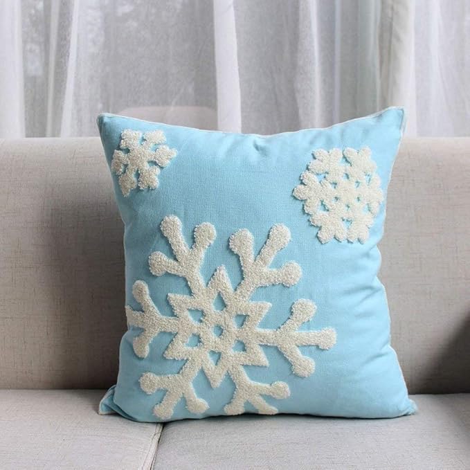 Elife Soft Square Christmas Snowflake Home Decorative Canvas Cotton Embroidery Throw Pillow Covers 18x18 Cushion Covers Pillowcases for Sofa Bed Chair (1 Pair, Sky Blue)